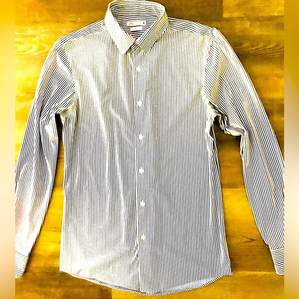 ZARA white & blue stripes stretch slim fit long sleeve men’s shirt size Small